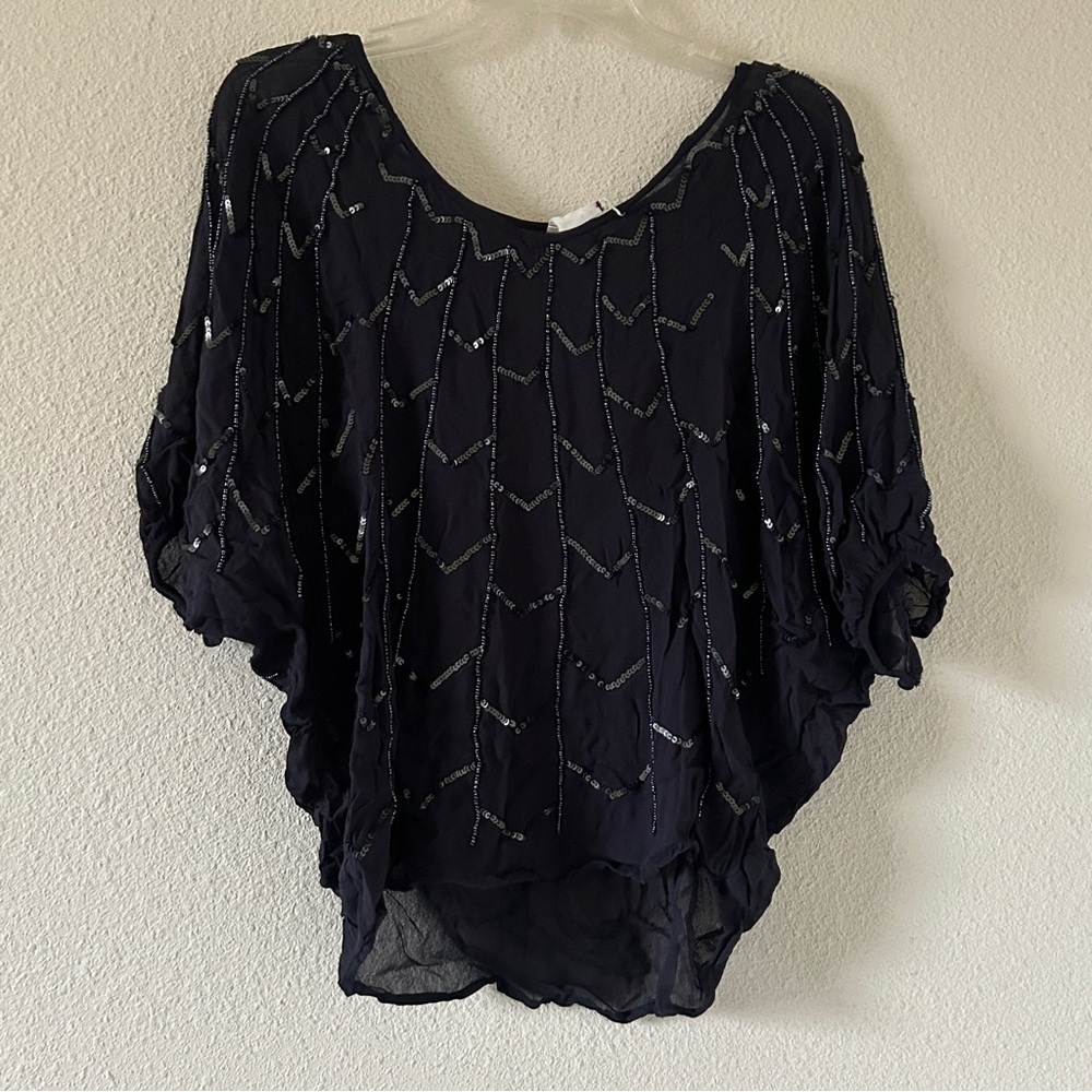 Willow & Clay Beaded Blouse Party Date Dolman sleeve Navy Sheer Women’s Medium